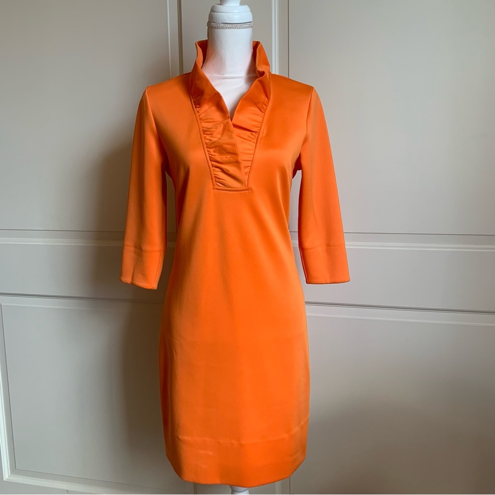 Gretchen Scott Vibrant Orange Ruffle Neck Dress